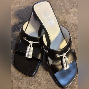 Anne Klein Black Leather Tassel Slide Mules with White Accents